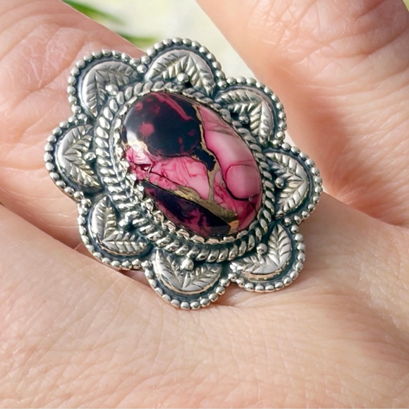 Pure Sterling Silver 925 Red Dahlia Turquoise Flower Navajo Style Ring Size 8.75 - Picture 6 of 10